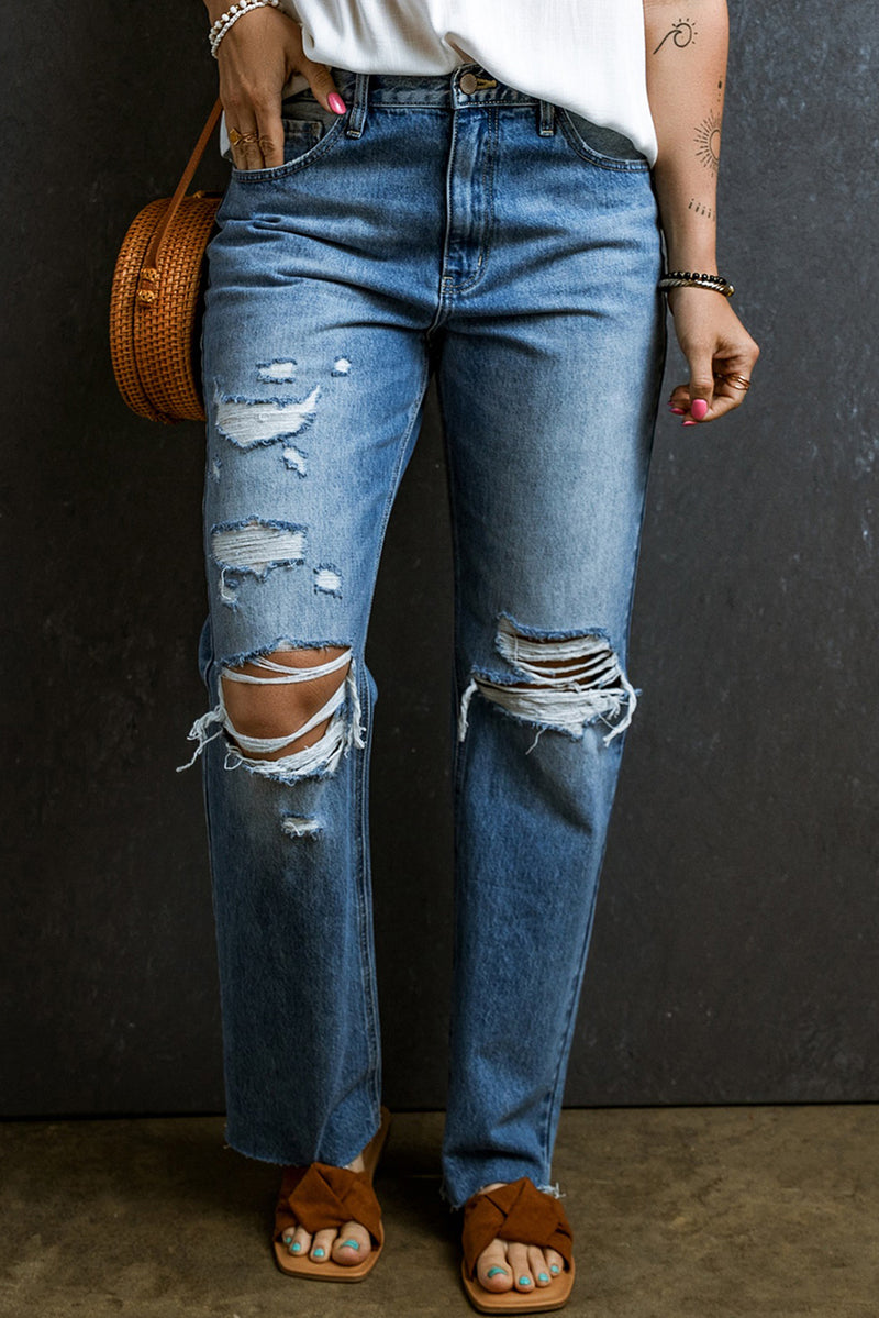 Light Blue Distressed Holes Raw Edge Straight Jeans