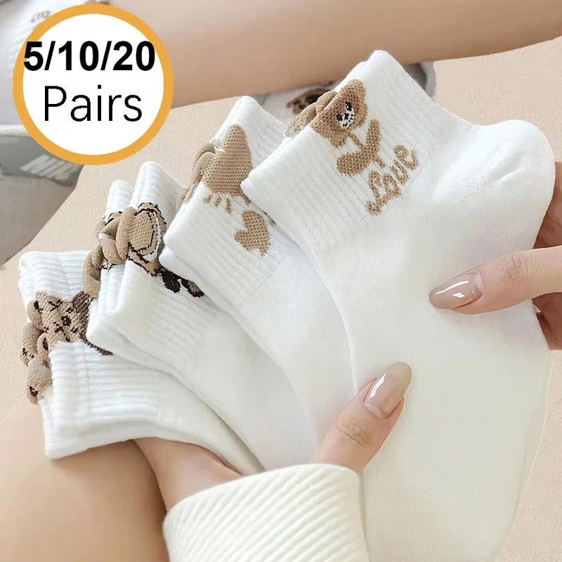 5/10/20 Pairs Women Cartoon Teddy Bear Patterned Ankle Socks Versatile Fashionable Creative Breathable Comfortable Casual Socks