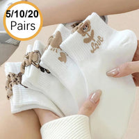 5/10/20 Pairs Women Cartoon Teddy Bear Patterned Ankle Socks Versatile Fashionable Creative Breathable Comfortable Casual Socks