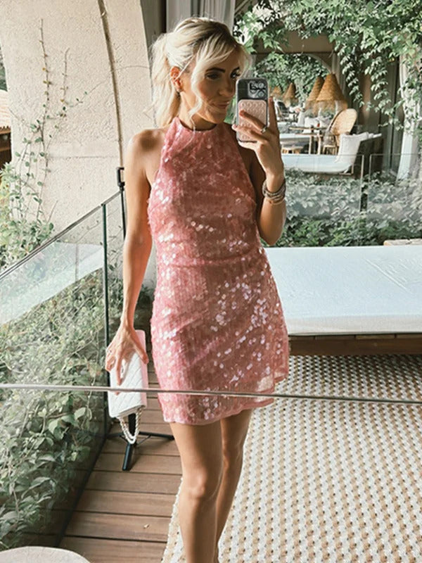 Sexy Sequins Halter Party Dress Women Pink Slim Lace Up Sleeveless Backless Mini Dresses 2024 Autumn Chic Evening Robes Lady