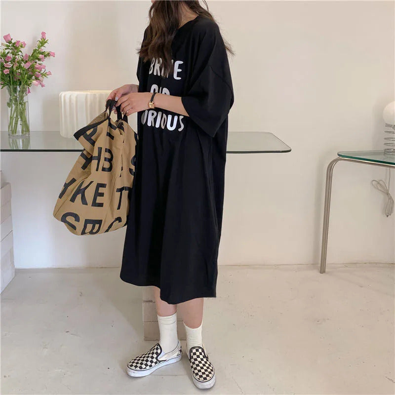 Harajuku Graphic White Long Dress Woman Clothing Y2k Casual Short Sleeve O-Neck Korean Fashion Summer Womens Loose Dresses 2024