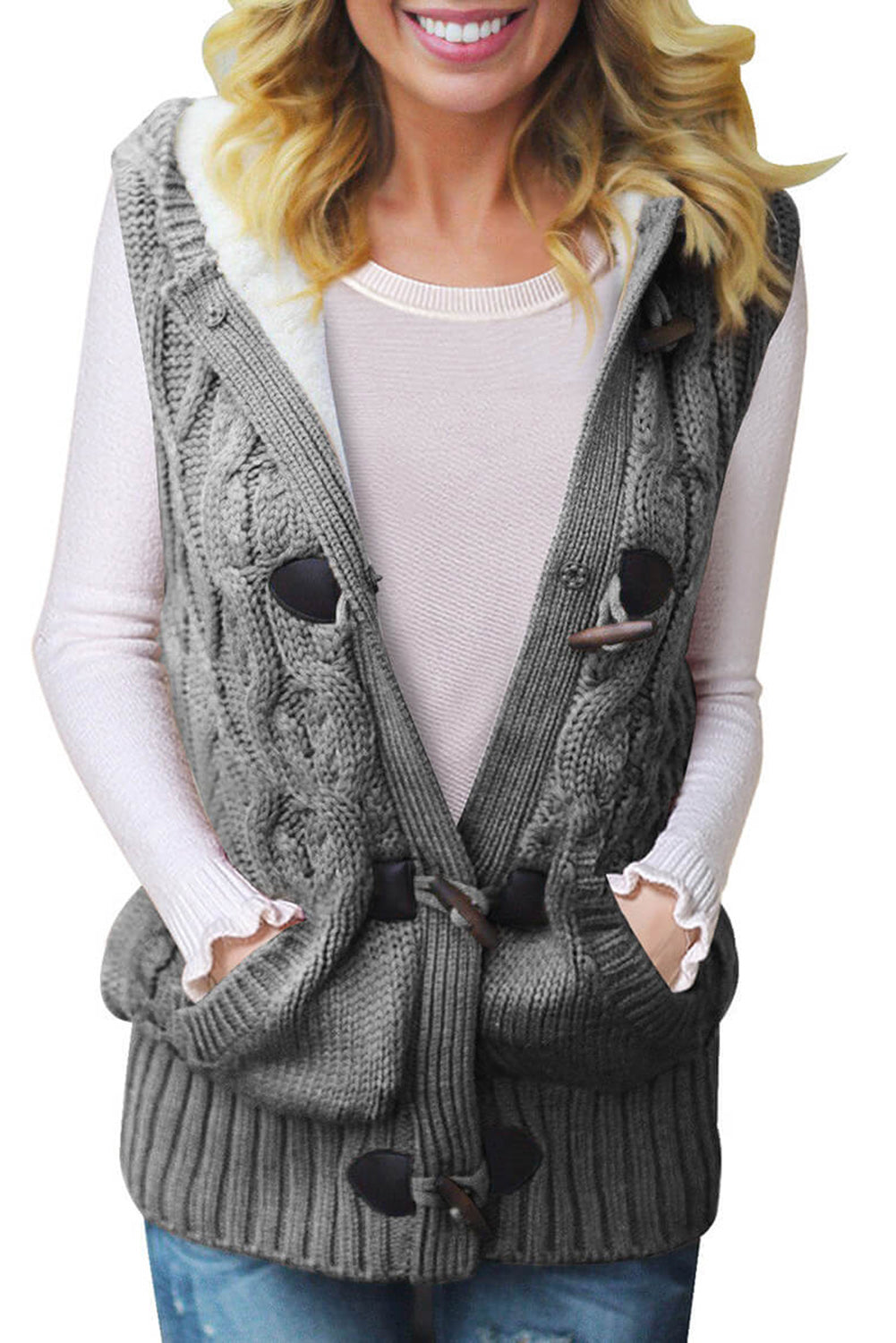 Gray Cable Knit Hooded Sweater Vest