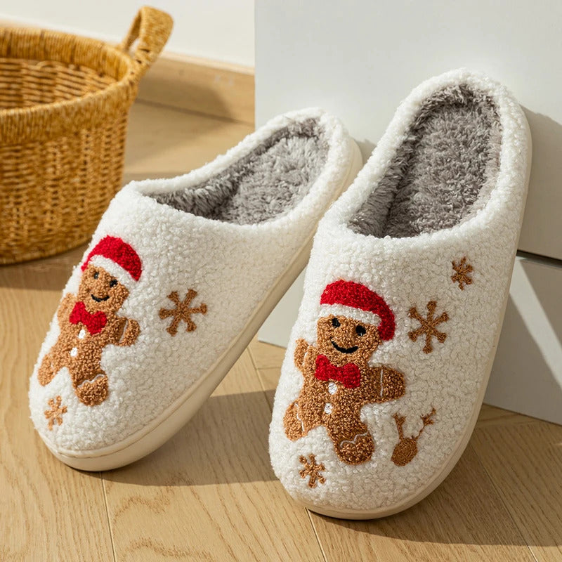 Women Christmas Gingerbread Man Cute Winter Warm Slippers Exquisite Comfy Houseshoes Bedroom Soft Sole Home Shoes for Gift