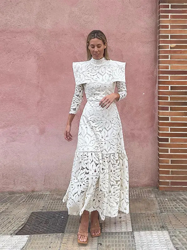 Elegant Hollow Out  Lace Maxi White Dress Women's Fashion Mock Neck Long Sleeved Shoulder Padded Robe 2024 Evening Females Wear