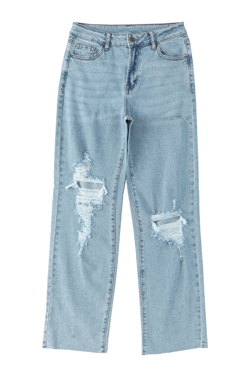 Sky Blue Distressed Frayed Hem Holed Straight Leg Loose Jeans