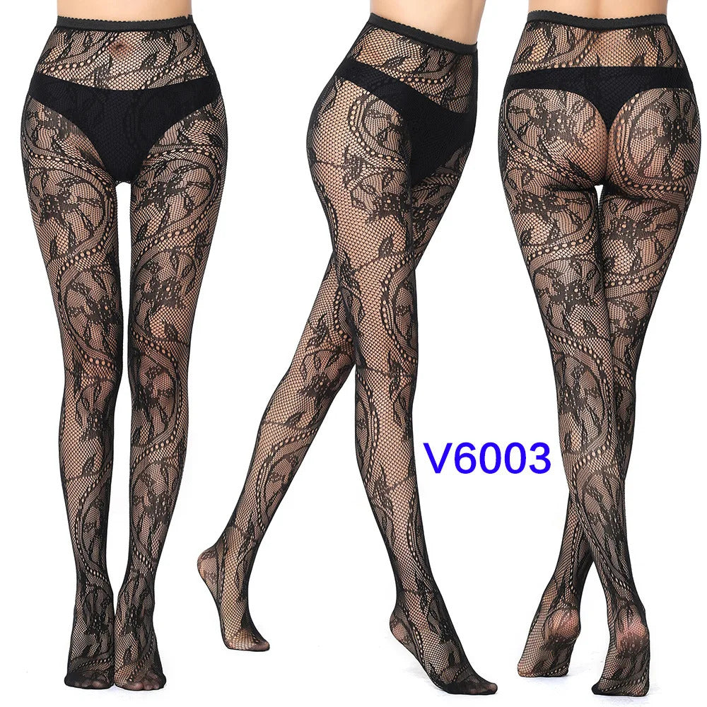 Women Sexy Fishnet Tights Jacquard Weave Seamless Pantyhose Yarns Garter Grid Fish Net Stockings Black Spider Gothic Lace Tights