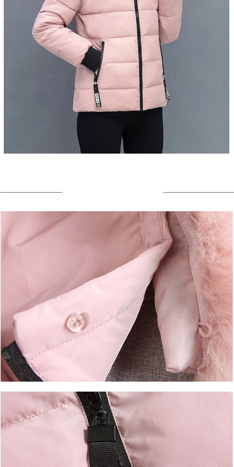 Zipper Fur Hooded Short Down Cotton Jacket Thickened Coat Fall Winter Casual Elegant Long Sleeve Warm Pockets Women Clothing New