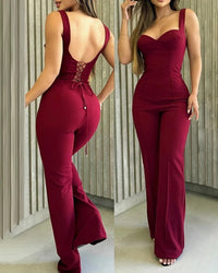 Sexy Summer Women's Red Camisole Jumpsuit Square Neck Backless LaceUp Straight Leg Jumpsuit Elegant Women Commuting Daily Outfit