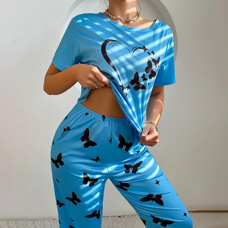 Women's Pajama Set Casual Heart print T-Shirt With Pants Sleepwear Loungewear Nightwear 2 Piece Sets Pijama Pajamas for women