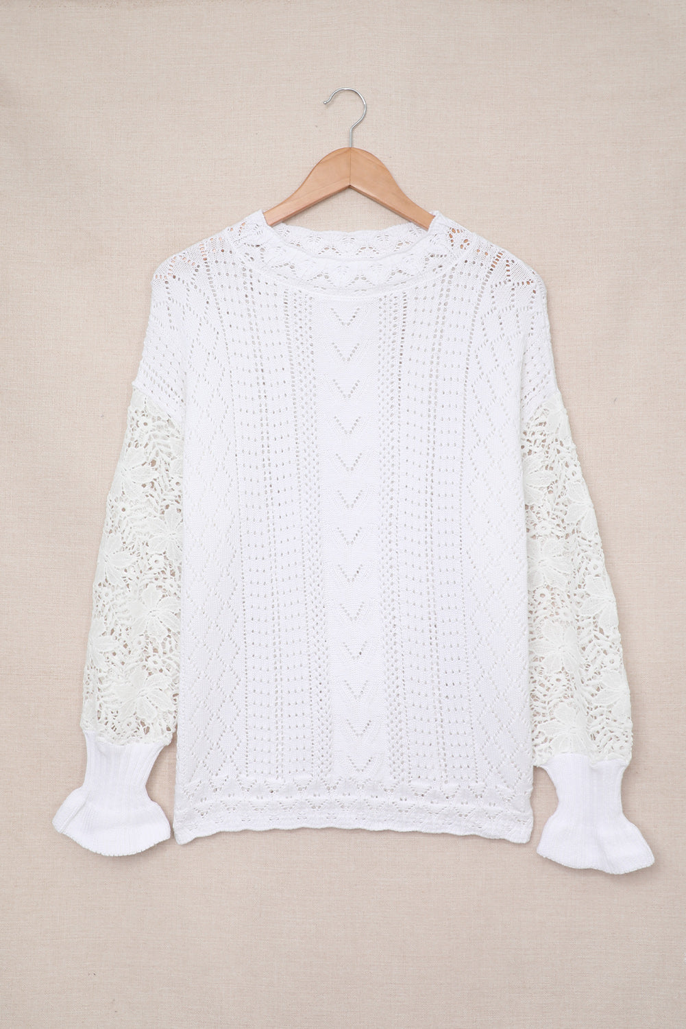 White Crochet Lace Pointelle Knit Sweater