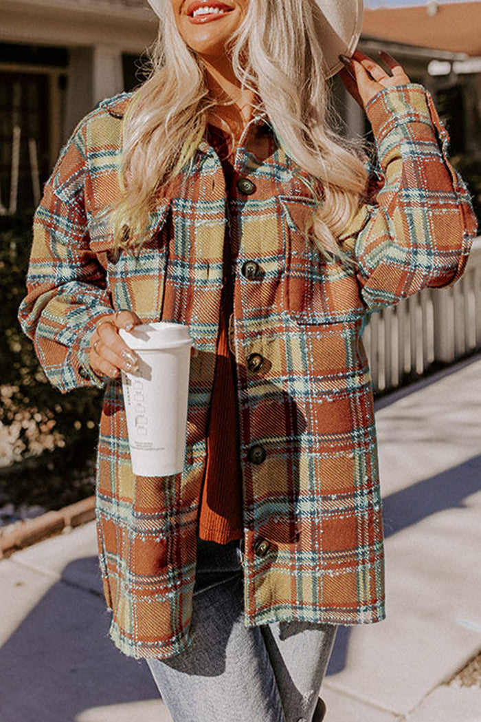 Fiery Red Oversized Flap Pockets Plaid Shacket with Slits