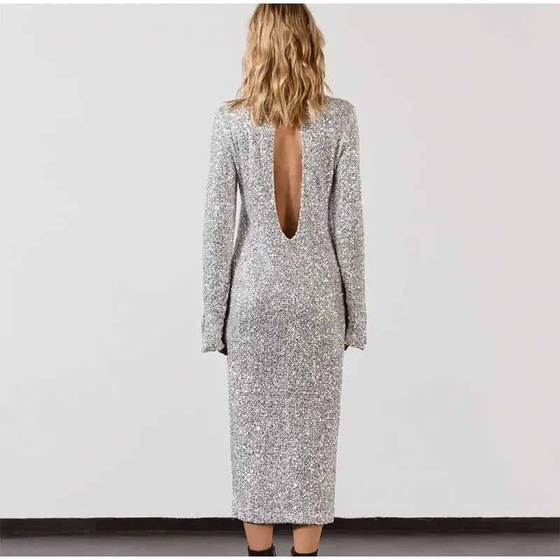 Fashion Sequin Silver Shiny Short Dress Women Elegant O Neck Long Sleeve Dresses 2024 New Autumn Winter Party Gown Solid Vestido