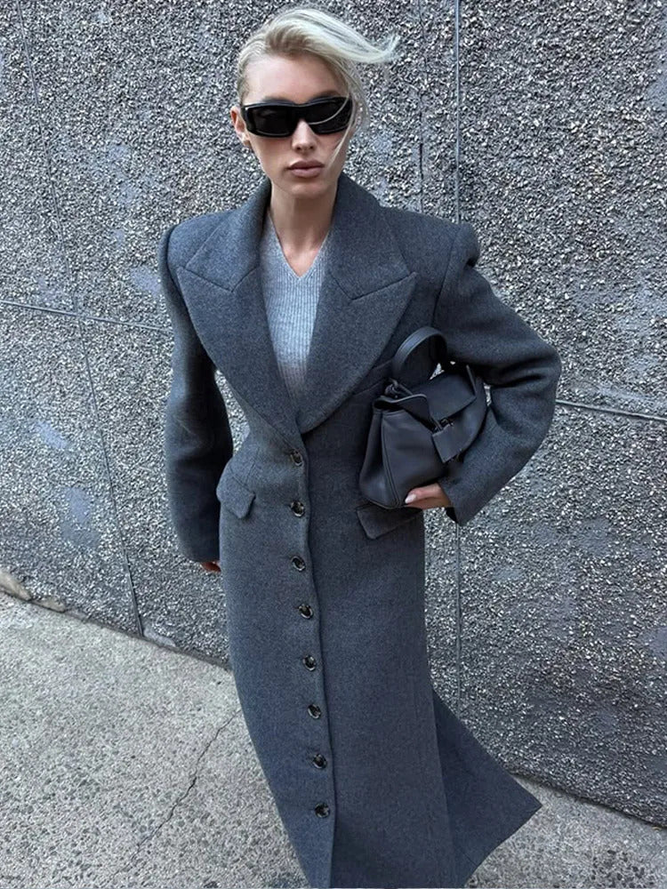 2024 Chic Grey Single Breasted Full Sleeve Wool Jackets Women's Casual Slim Fit Lapel Pockets Coat Female High Street Outerwears