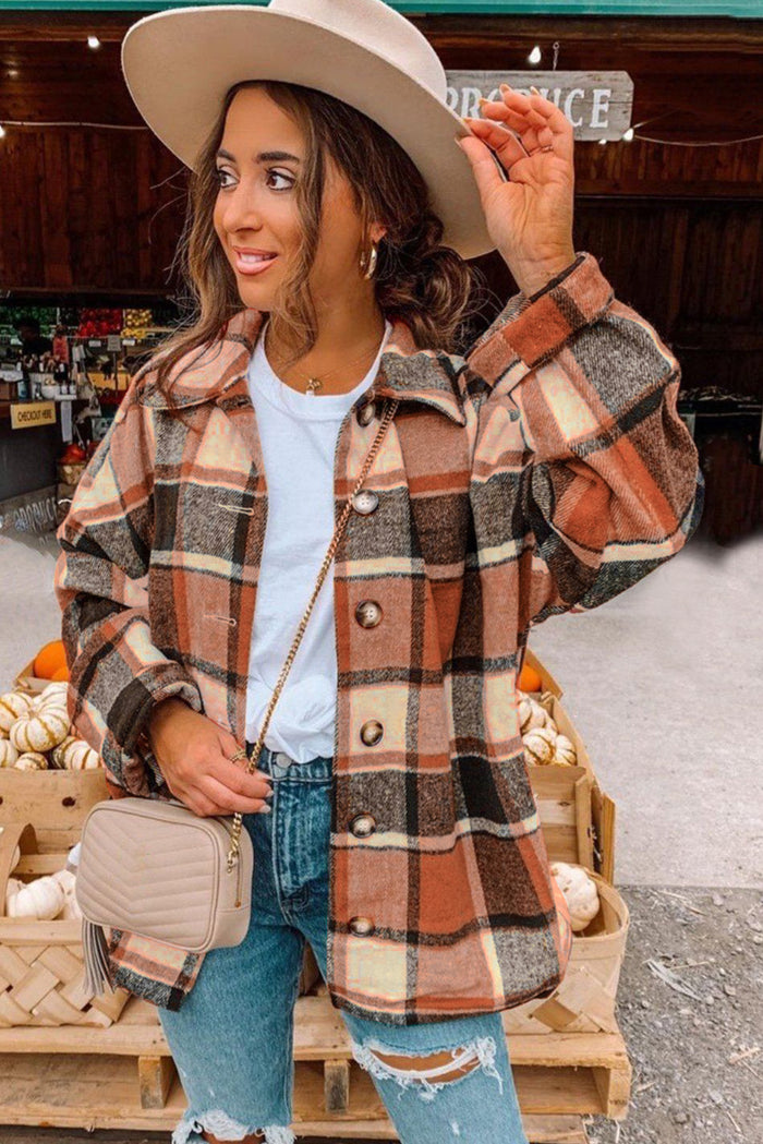 Orange Plaid Print Buttoned Shirt Jacket