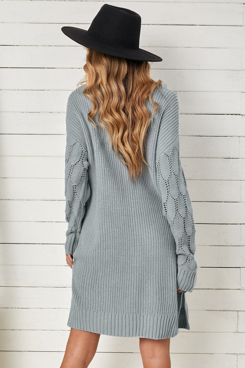 Gray Plain Turtleneck Sweater Dress with Slits