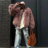 Burgundy Fluffy Faux Fur Warm Short Coat Lady Elegant Round Neck Long Sleeve Cardigan Jacket 2024 Women Winter Street Outerwear