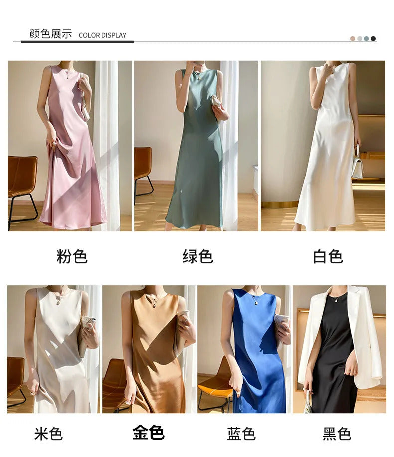 2024 Summer Robe long maxi Sundress Fashion Elegant Women's Acetate satin Dresses Sexy artificial silk Sleeveless Party Dress