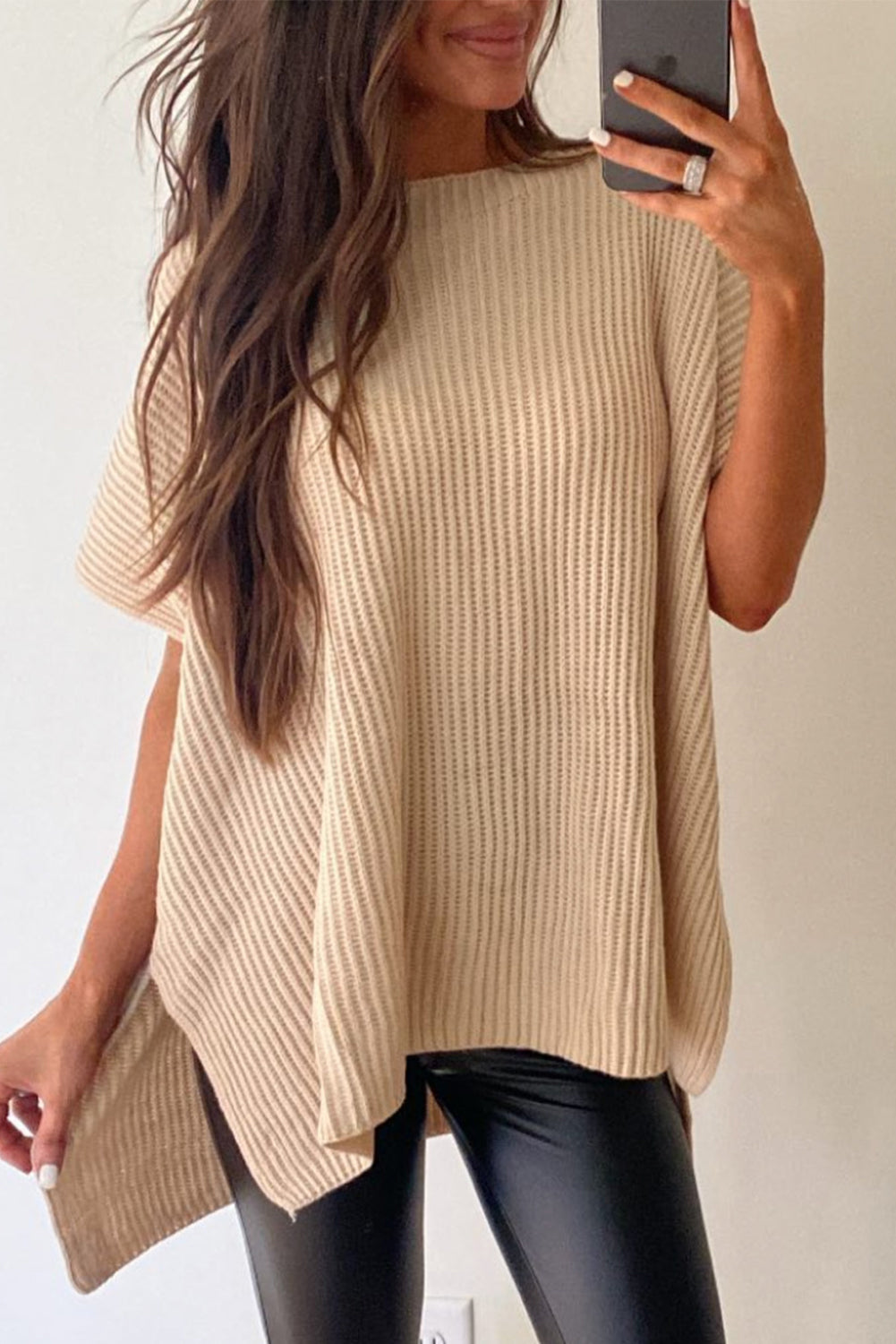 Apricot Short Sleeve Side Slit Oversized Sweater