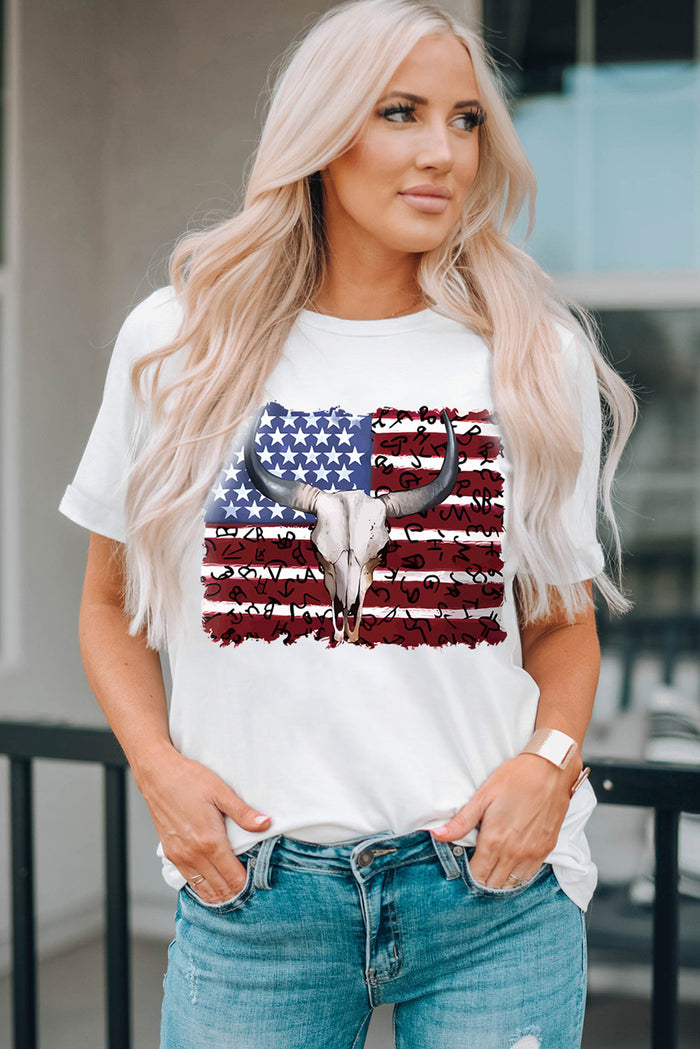 White Bull Skull American Flag Graphic Tee