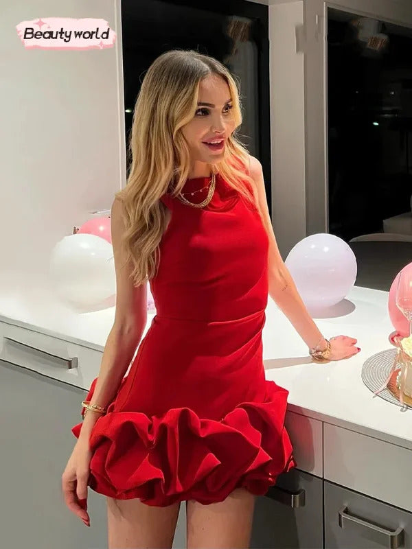 Fashion Sexy Red Ruffled Hem Women Dress Elegant O-neck Sleeveless Slim Mini Dresses Summer Lady Party Club Evening Vestidos