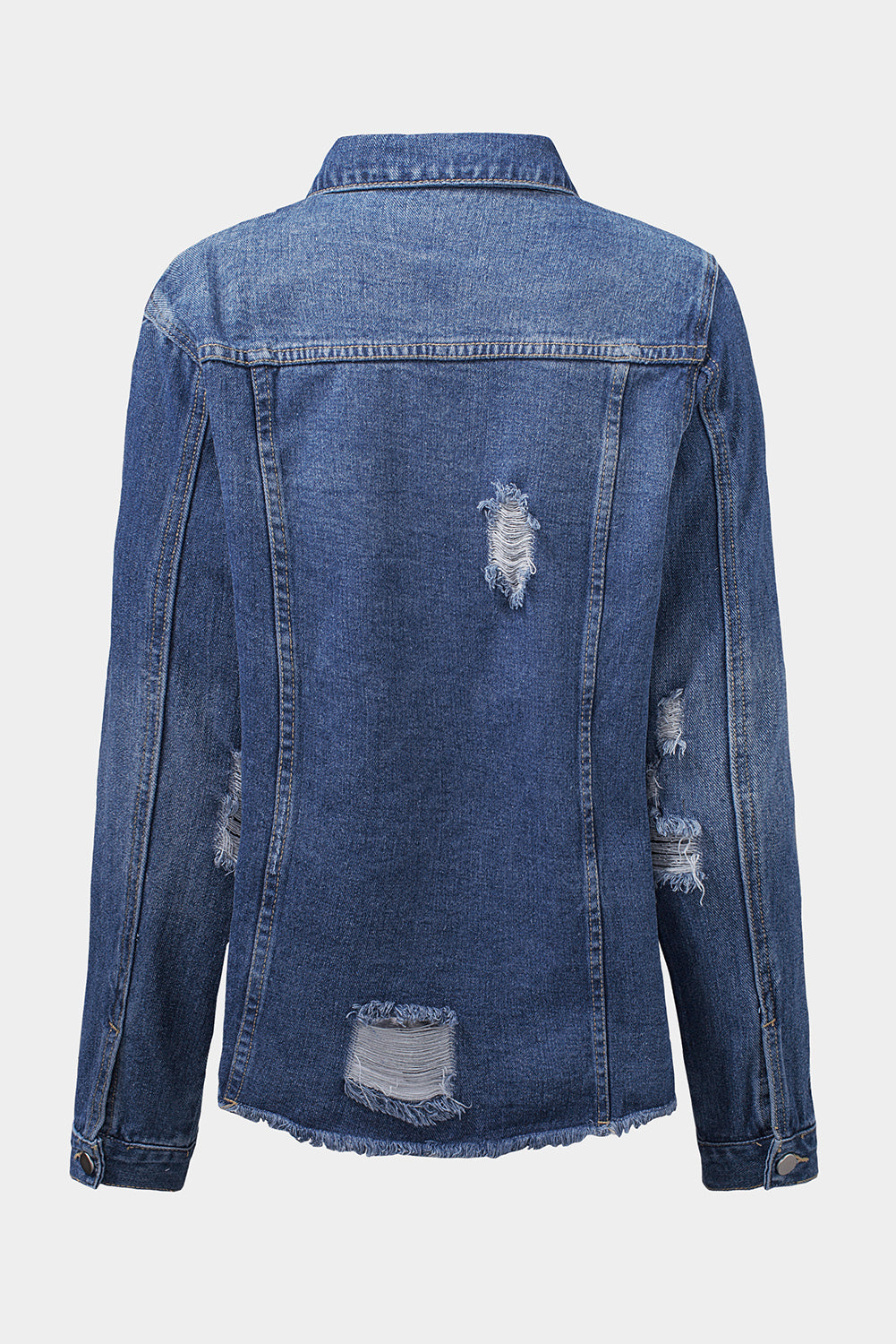 Blank Apparel - Blue Lapel Distressed Raw Hem Buttons Denim Jacket