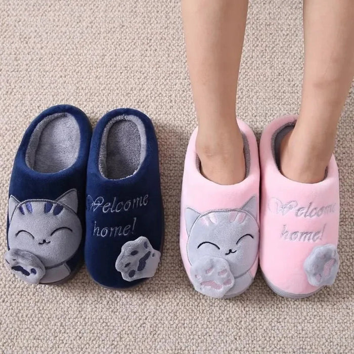 Women Winter Warm Slippers Cartoon Cat Shoes Furry Plush Slides Round Toe Flats Indoor Home Bedroom Floor Slippers Ladies Shoes