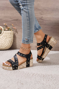 White Rivet Hollow Out Leather Wedge Sandals