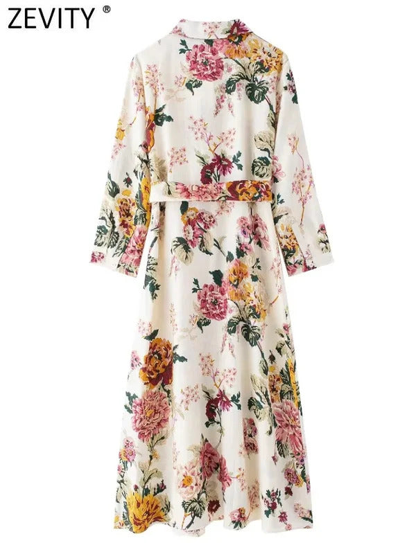 Zevity 2024 New Women Vintage Floral Print Bow Sashes Shirt Midi Dress Female Chic Turn Down Collar Casual Slim Vestidos DS6238