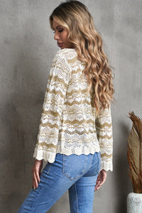 Wavy Stripe Scalloped Edge Pointelle Knit Sweater