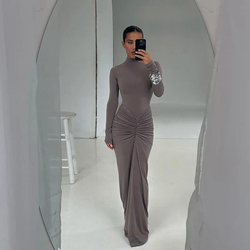 Tossy Pleated Fashion Patchwork Long Dress Women's High Waist Long Sleeve Solid Slim Party Dress Summer 2024 Female Maxi Dress