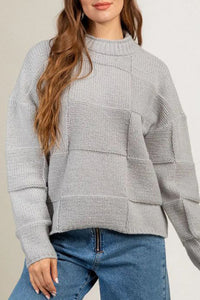 Gray Mock Neck Checkered Textured Sweater