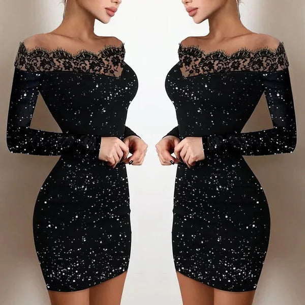 2024 New Spring Women's Fashion, Elegance, Leisure, Sexy Long sleeved Lace Edge, One Shoulder Silver Powder Sprinkled Dress