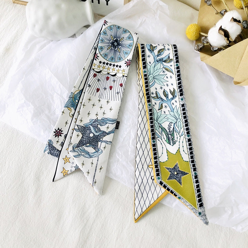 2023 French Versatile Tarot Goddess Sun Ladies 100% Twill Silk Scarf Decoration Long Strip Tie Binding Bag Ribbon