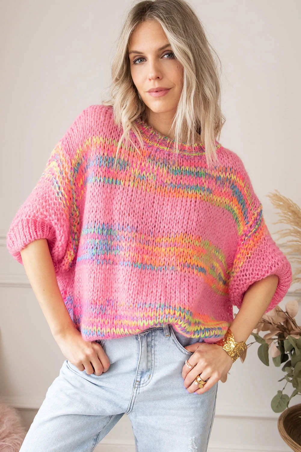 Rose Colorful Stripes 3/4 Sleeve Loose Sweater