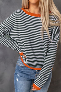 Gray Contrast Trimmed Striped Drop Shoulder Sweater