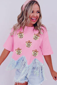 Pink Sequin Pattern Tassel Crew Neck Crop Top