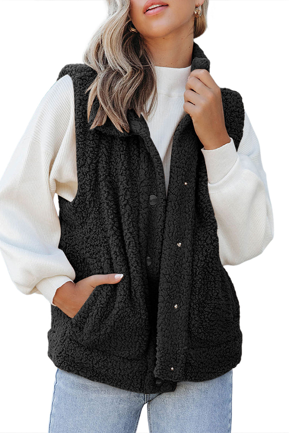 Black Snap Button Pocketed Sherpa Vest Jacket