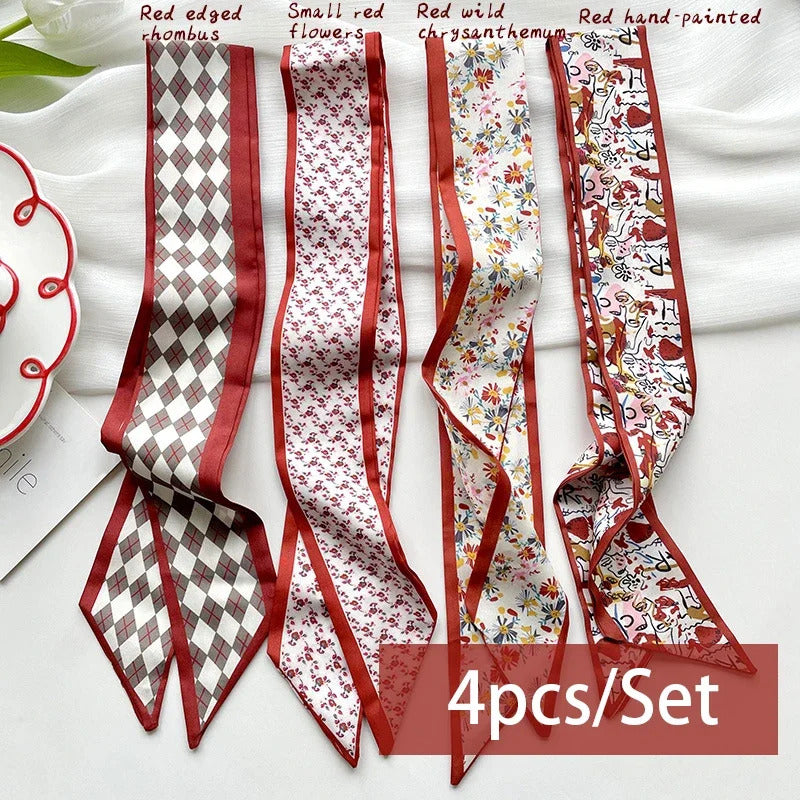 4pcs/set Series Silk Satin Scarf Women Cloth Hair Bands Headdress Accessories Lady Scarves Ribbon Neck Ties for Bag Handle