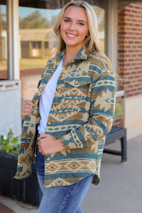 Blue Western Aztec Print Button Flap Pocket Shacket