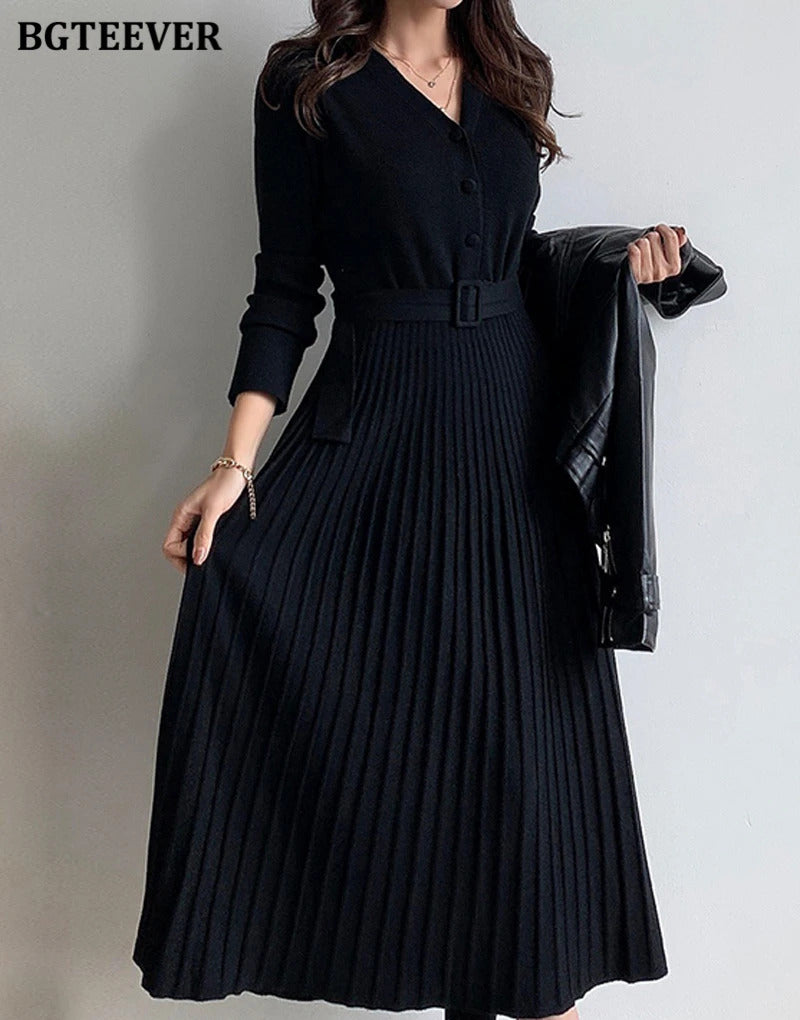 BGTEEVER Elegant V-neck Single-breasted Women Thicken Sweater Dress 2021 Autumn Winter Knitted Belted Female A-line soft dresses