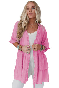 Pink Ruffled Trim Half Sleeve Open Front Kimono