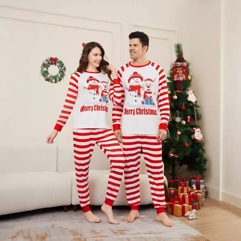 New Christmas family home dress Christmas Deer Snowman family suit red and white stripes patchwork printed pyjamas two-piece set