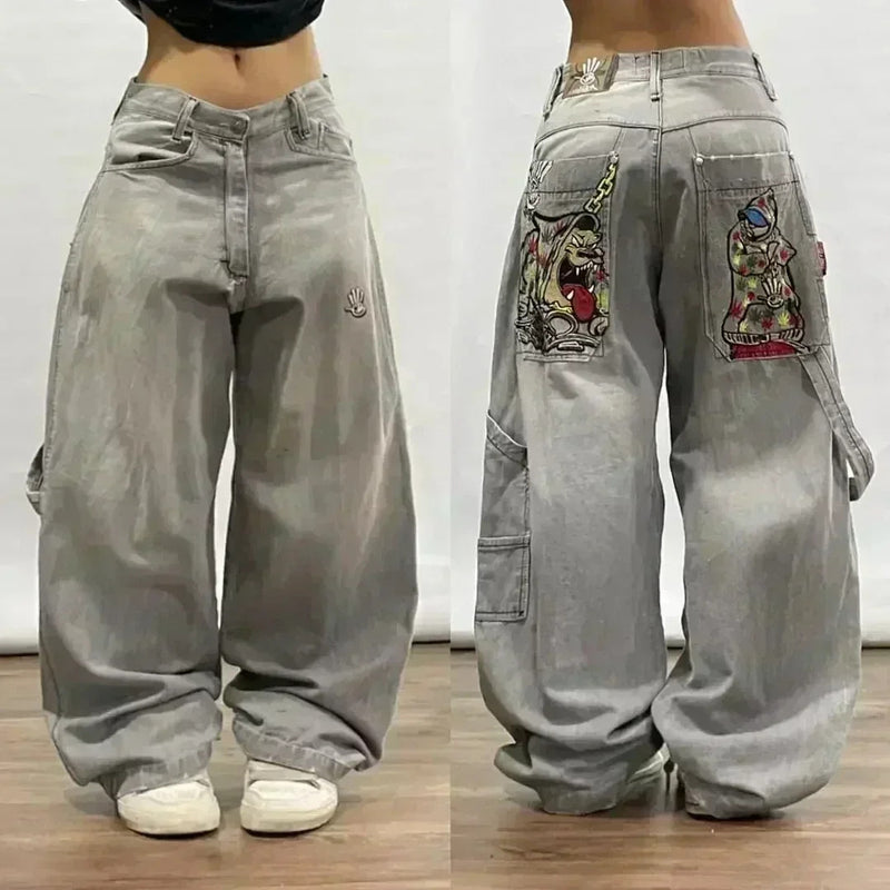 Street Fashion Trend Skull Embroidered Jeans Women Harajuku Y2K New Hip Hop Joker Straight Wide-leg Pants Couple Casual Jeans