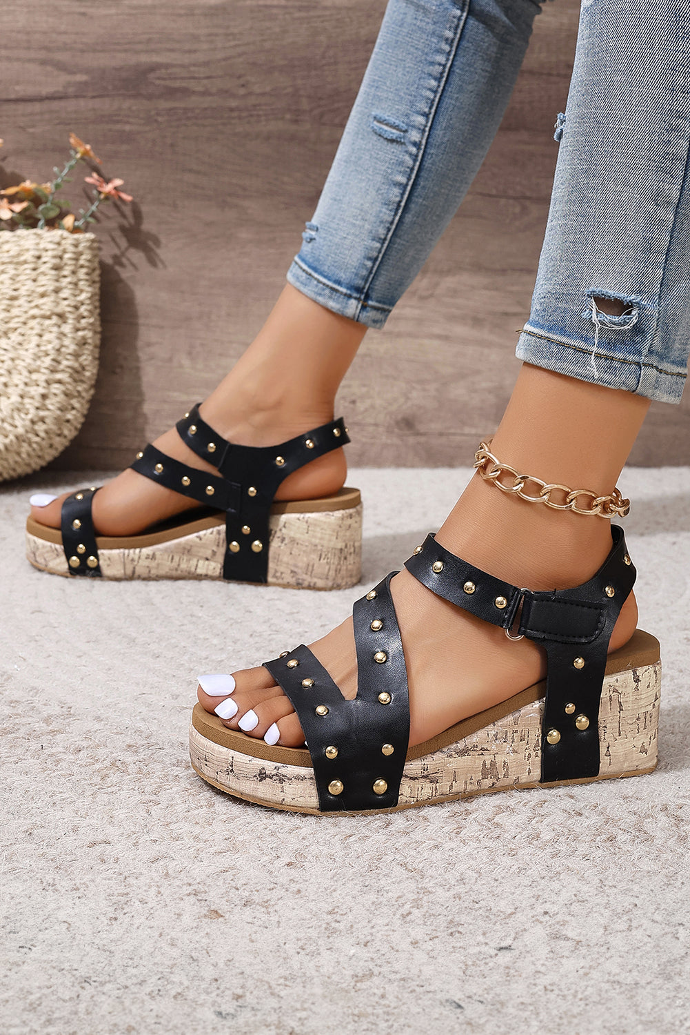 Black Rivet Hollow Out Leather Wedge Sandals