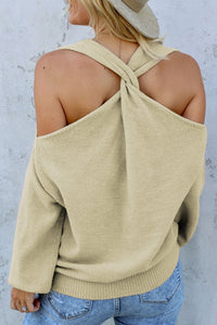 Apricot V Neck Twisted Back Cold Shoulder Sweater