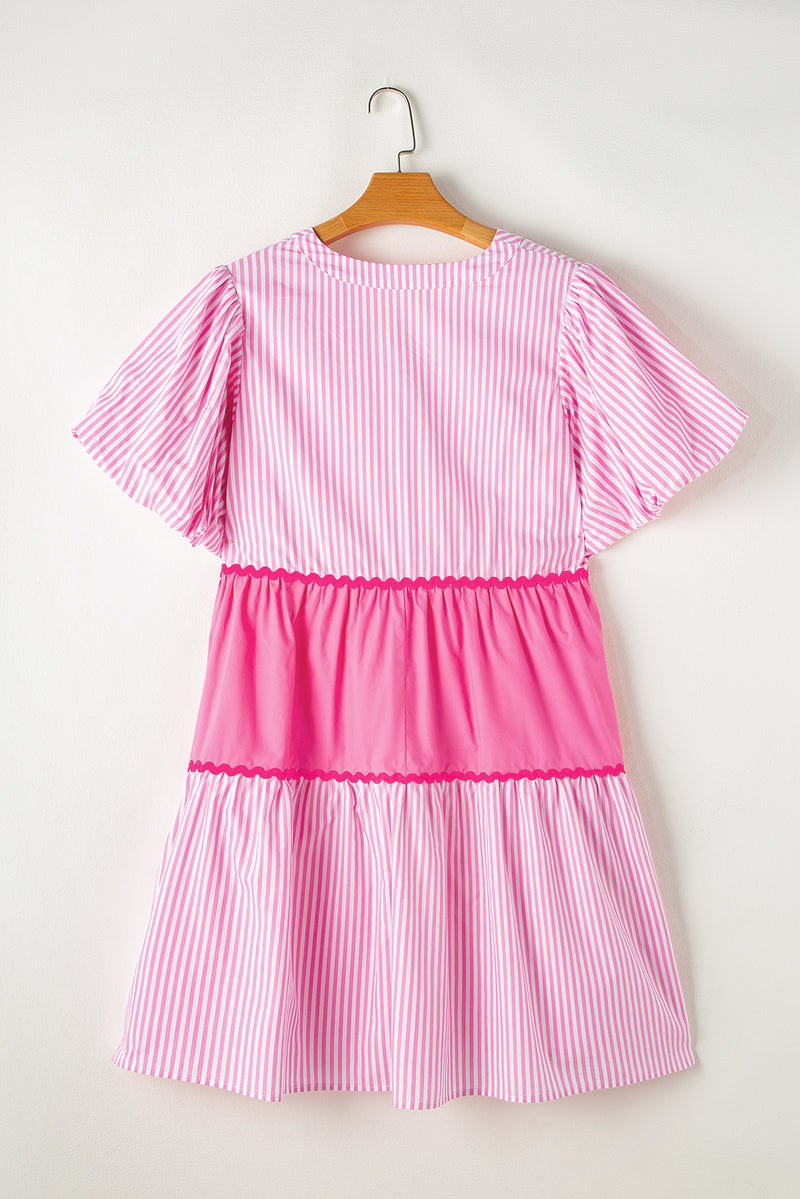 Pink Ricrac Block Accent Puff Short Sleeve Flowy Plus Dress