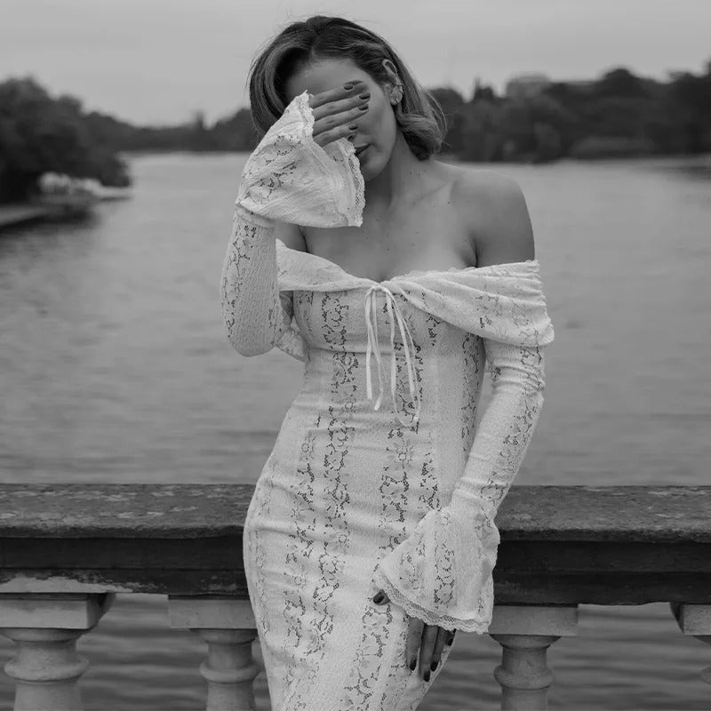 White Off Shoulder See-through Lace Up Maxi Dress Women Flared Long Sleeves Chest Wrapped Dresses Summer Elegant Seaside Gowns