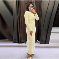 Elegant Sequined Detachable Sleeve Dresses Women Shiny O Neck Long Sleeve Split Party Long Dress 2024 New Lady Glitter Robes