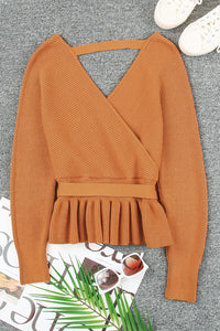 Brown Rib Knit Surplice Neck Belted Peplum Sweater