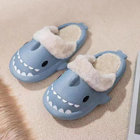 Winter Women Shark Slippers Couple Removable Liner Indoor Warm Cute Shark Slides Plush Cotton Flip Flops Home Indoor Cotton Shoe